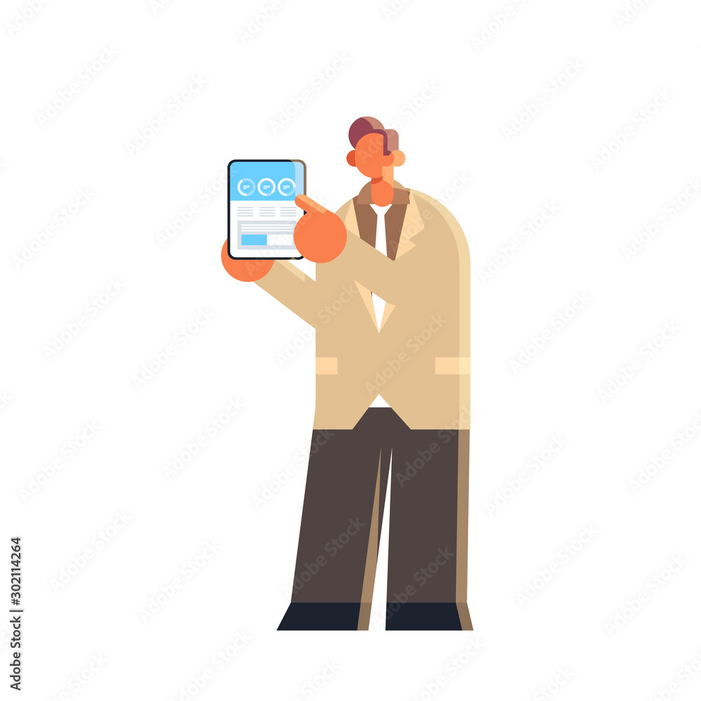businessman holding tablet with financial diagram business man presenting statistic data report male office worker in formal wear flat full length vector illustration businessman holding tablet with financial diagram business man presenting statistic data report male office worker in formal wear flat full length vector illustration
