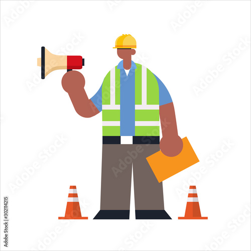 male builder holding megaphone busy workman using loudspeaker making announcement industrial construction worker in uniform building concept flat full length vector illustration © mast3r