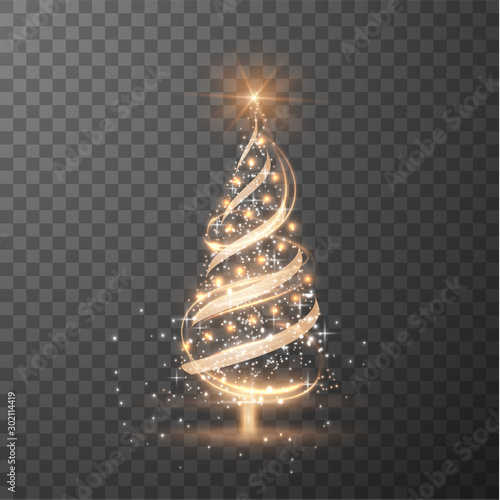 Merry Christmas transparent shiny tree silhouette on checkered background