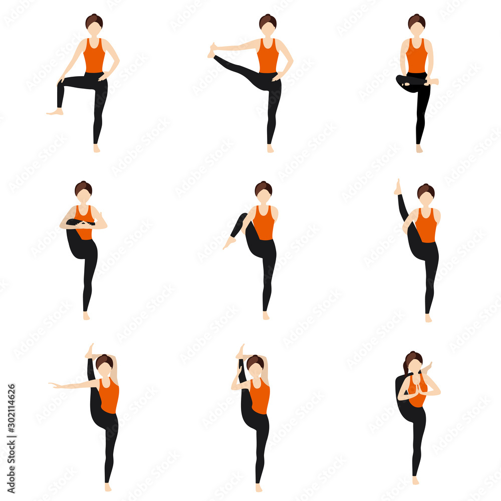 Hips stretching standing yoga asanas set/ Illustration stylized woman  practicing yoga postures with legs extension Stock Vector