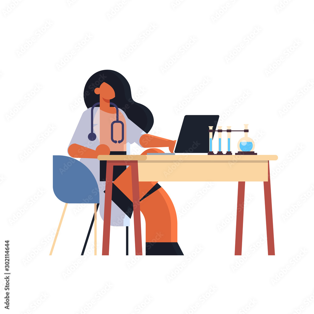 female practitioner doctor using laptop woman researcher sitting at workplace desk with test tubes medicine healthcare concept hospital medical laboratory worker in white coat full length flat vector female practitioner doctor using laptop woman researcher sitting at workplace desk with test tubes medicine healthcare concept hospital medical laboratory worker in white coat full length flat vector