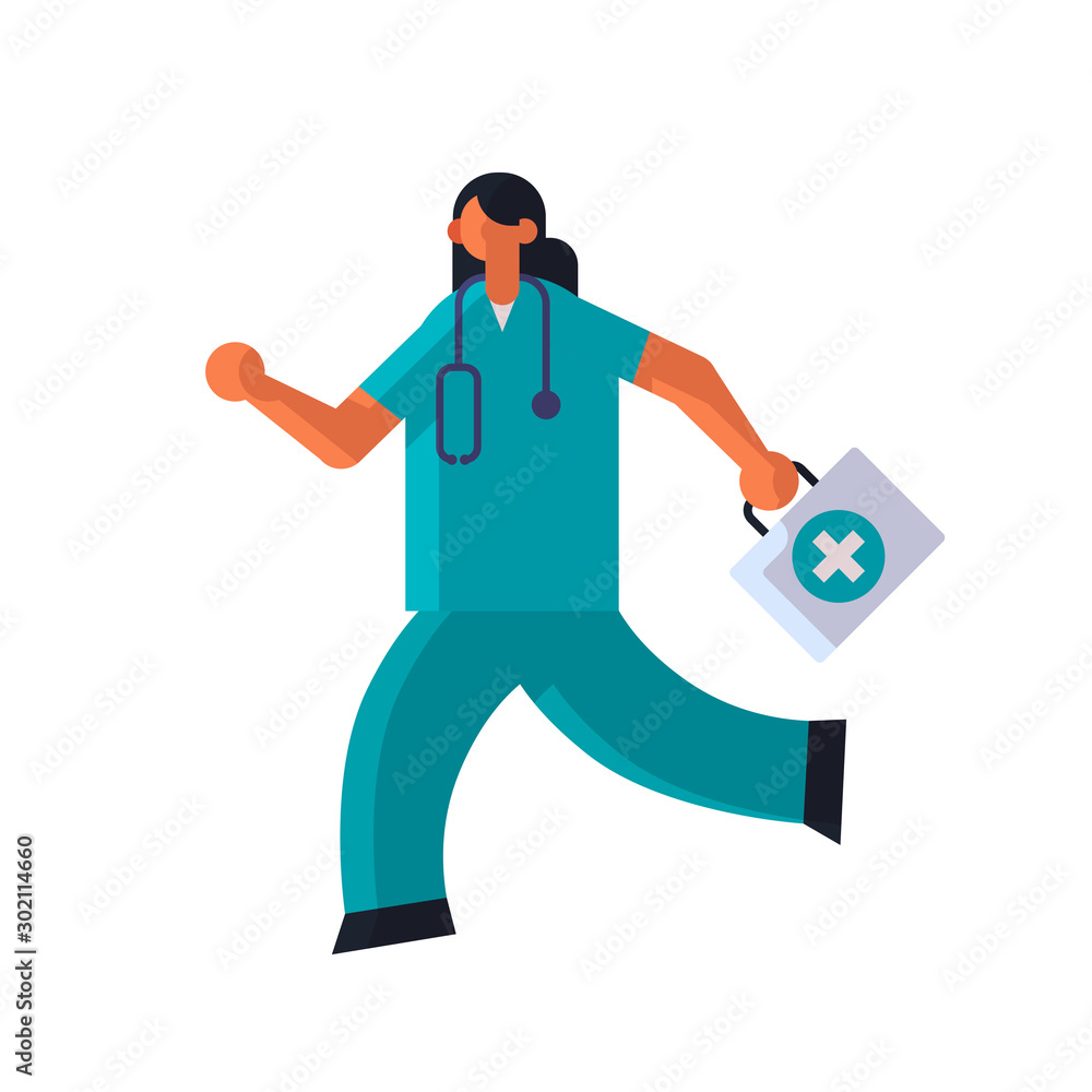 female doctor with first aid kit running to help medicine healthcare ambulance concept woman medical clinic worker with stethoscope in uniform full length flat vector illustration female doctor with first aid kit running to help medicine healthcare ambulance concept woman medical clinic worker with stethoscope in uniform full length flat vector illustration