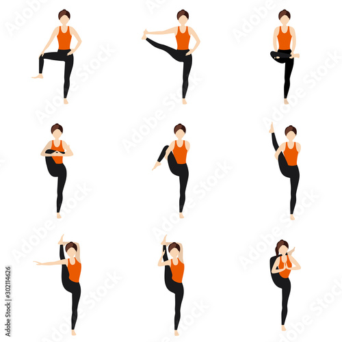 Hips stretching standing yoga asanas set/ Illustration stylized woman practicing yoga postures with legs extension