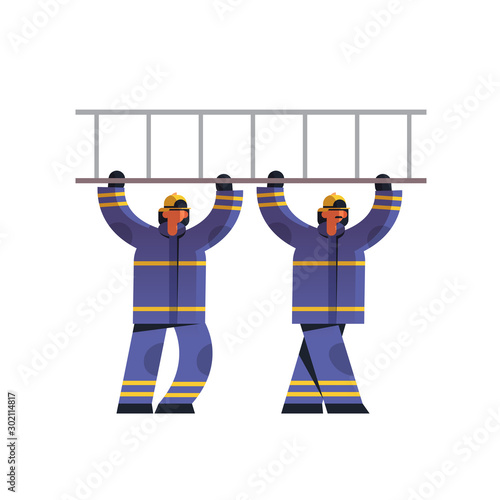 brave firemen couple carrying ladder firefighters team in uniform and helmet firefighting emergency service extinguishing fire concept flat white background full length vector illustration