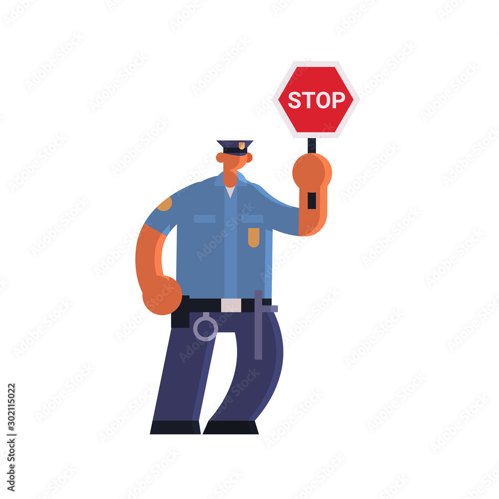 male road traffic police inspector holding stop sign policeman officer in uniform security authority justice law service concept flat full length white background vector illustration male road traffic police inspector holding stop sign policeman officer in uniform security authority justice law service concept flat full length white background vector illustration