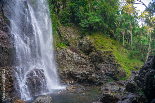 Beautiful nature background with tropical rainforest and waterfall