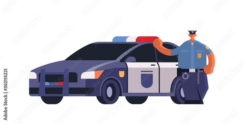 Naklejka premium male police officer standing near patrol car policeman in uniform security authority justice law service concept flat full length white background horizontal vector illustration