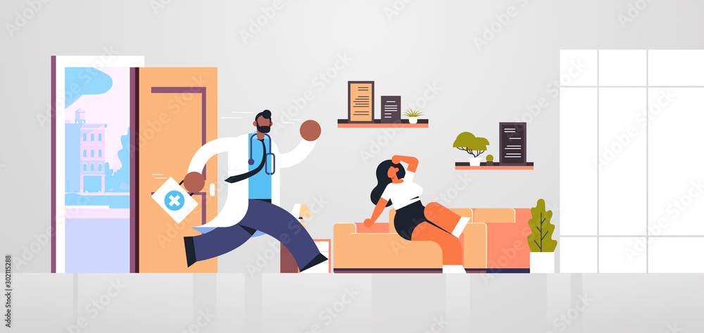 male doctor with first aid kit running to help woman patient medicine healthcare ambulance concept african american medical worker in white coat living room interior full length flat horizontal vector male doctor with first aid kit running to help woman patient medicine healthcare ambulance concept african american medical worker in white coat living room interior full length flat horizontal vector