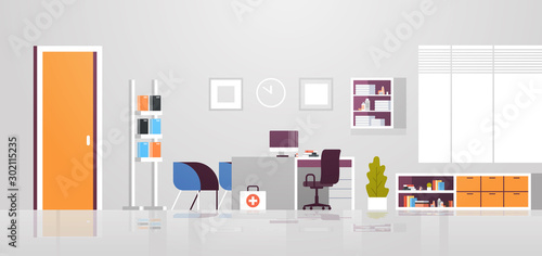 modern doctor cabinet with furniture empty no people hospital office room interior flat horizontal vector illustration