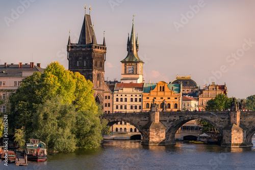Prague historic landmarks of Charles bridge and bridge tower
