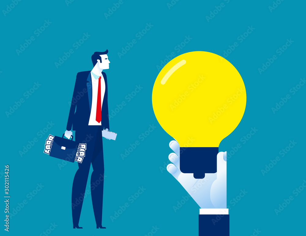 Business man by idea. Concept business funding vector illustration, Selling new ideas, Money Bag, Flat cartoon character style design. Business man by idea. Concept business funding vector illustration, Selling new ideas, Money Bag, Flat cartoon character style design.