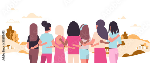 women standing and embracing together mix race girls struggling against breast cancer disease awareness and prevention concept landscape background flat portrait rear view horizontal vector
