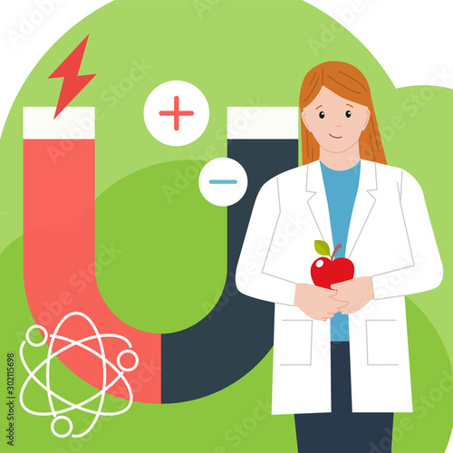 Physicist woman with an apple. International Day of Women and Girls in Science. Woman scientist and physicist. Vector illustration in a flat style. Isolated. Abstract background.