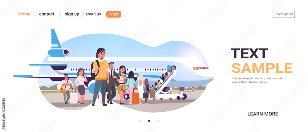 travelers with luggage standing line queue going to plane passengers climbing the ladder to board aircraft boarding travel concept flat horizontal copy space vector illustration