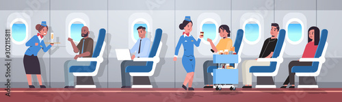 flight attendants serving mix race passengers stewardesses in uniform offering drinks professional service travel concept modern airplane board interior full length horizontal flat vector illustration
