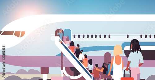 queue of people travelers with luggage going to plane mix race rear view passengers climb the ladder to board aircraft boarding travel concept flat horizontal vector illustration