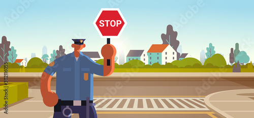 police inspector holding stop sign policeman officer in uniform security authority road traffic safety regulations service concept flat portrait horizontal vector illustration