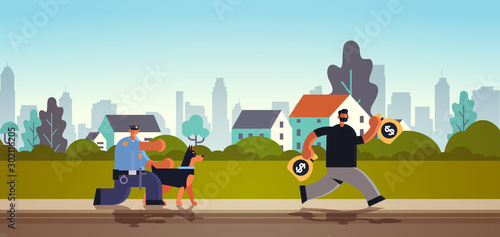 police officer with german shepherd pursuing burglar criminal running away from policeman with dog security authority justice law service concept flat full length horizontal vector illustration