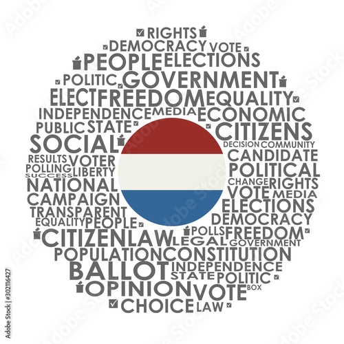 Words cloud relative for voting. Circle frame. Flag of the Netherlands