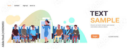stewardess explaining for mix race passengers how to use seat belt fastening flight attendant in uniform safety demonstration concept airplane board interior horizontal copy space vector illustration
