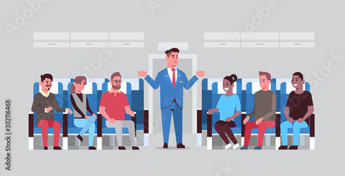 steward explaining instructions for mix race passengers male flight attendant in uniform gesturing hands showing emergency exits safety demonstration concept airplane board interior horizontal vector