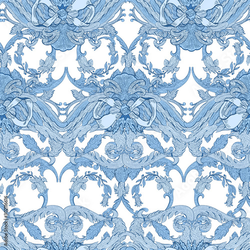 Seamless pattern baroque blue color.Vintage floral victorian ornamental.