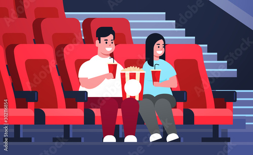 fat couple watching movie sitting in cinema with popcorn and cola overweight man woman having date and laughing at new comedy flat full length horizontal vector illustration