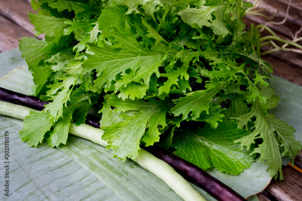 Yard long beans and green leafy vegetables.