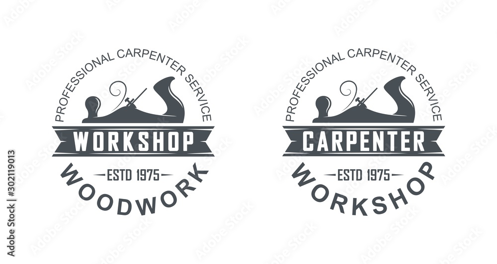 Black and white logo illustration of a carpenter workshop. Vector illustration of a planer and text with banner. - obrazy, fototapety, plakaty 