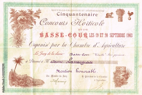 Nouvelle-Calédonie. Certificat du concours horticole et de basse-cour de 1903