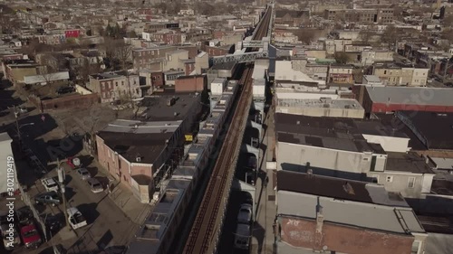 Overhead Aerial View of Train Passing by in Kensington Philadelphia