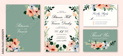 wedding invitation set with blossom floral watercolor background