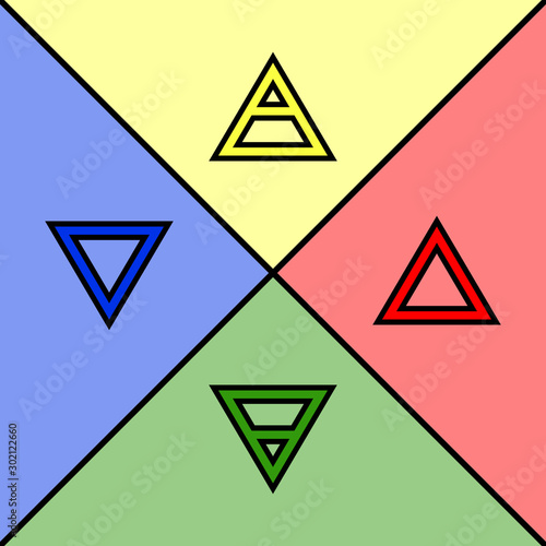 Alchemical symbols of the four elements. Magic color icons of air, water, fire and earth in the style of triangles. Set of vector logos.
