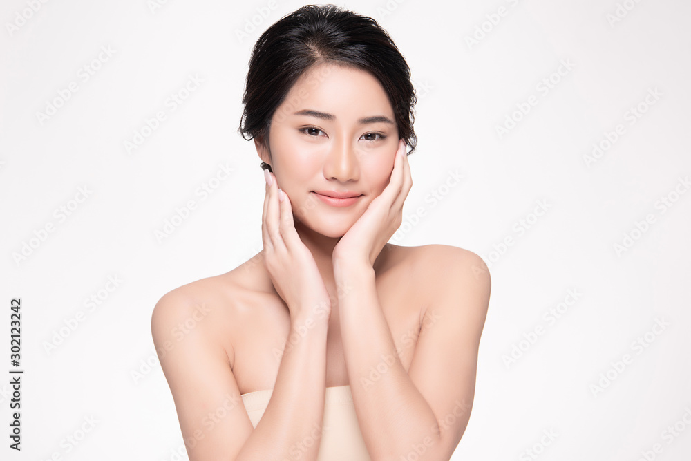 Beautiful young Asian woman touching soft cheek and smile with clean and fresh skin. Happiness and cheerful with, isolated on white background, Beauty and Cosmetics Concept, Beautiful young Asian woman touching soft cheek and smile with clean and fresh skin. Happiness and cheerful with, isolated on white background, Beauty and Cosmetics Concept,