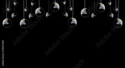 Shiny glass balls on a black background. Beautiful template for design with place for advertising text.