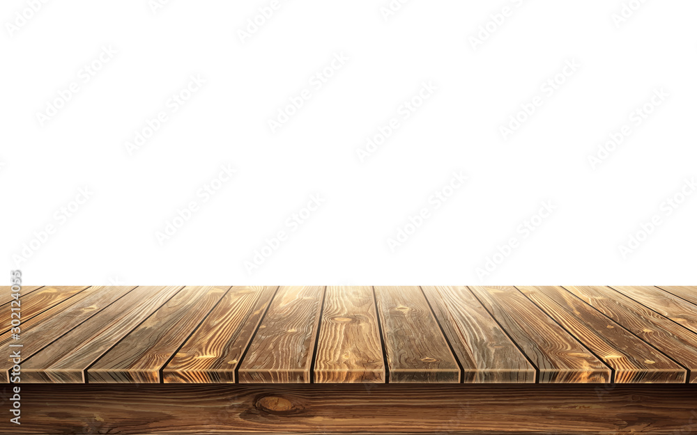 Wooden table top with aged surface, realistic vector illustration. Vintage dining table made of darkened wood, realistic plank texture. Empty desk top isolated on white wall. - obrazy, fototapety, plakaty 
