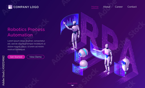 Robotic process automation or rpa isometric concept vector. Artificial intelligence robots analyze data and diagrams on dashboard virtual screens, SEO workflow isolated on purple, infographic banner