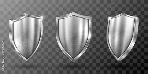 Metal shield with frame realistic vector illustration. Blank silver steel metallic panel with reflection glow, award trophy or certificate template, front side view isolated on transparent background photo