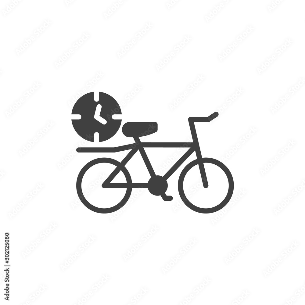 Bicycle delivery time vector icon. Bike with clock filled flat sign for mobile concept and web design. Express delivery glyph icon. Symbol, logo illustration. Vector graphics Bicycle delivery time vector icon. Bike with clock filled flat sign for mobile concept and web design. Express delivery glyph icon. Symbol, logo illustration. Vector graphics