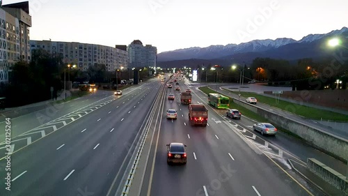 Car traffic in the morning on Al-Farabi avenue, it is one of the main roads in the city of Almaty, Kazakhstan photo