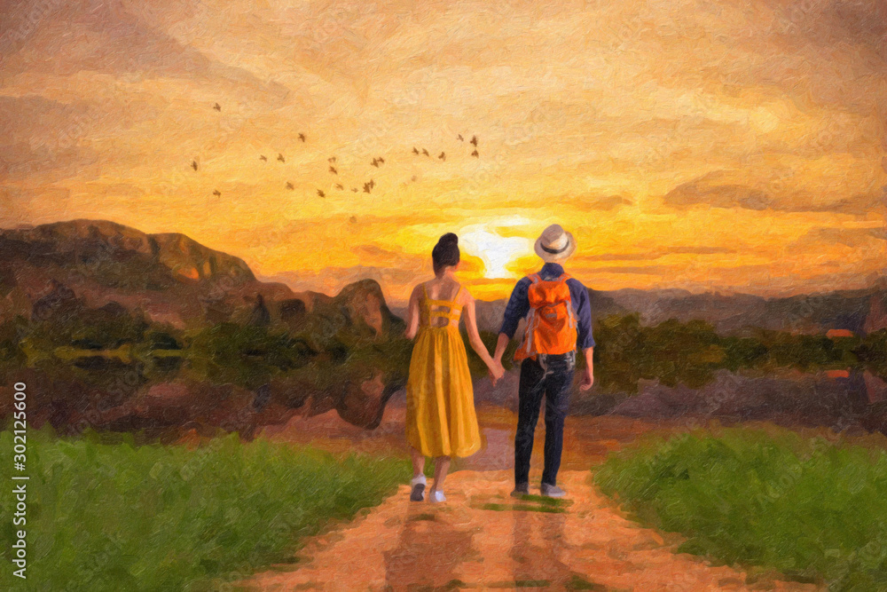 Oil painting-Young couple in love holding hand together walking	 - obrazy, fototapety, plakaty 