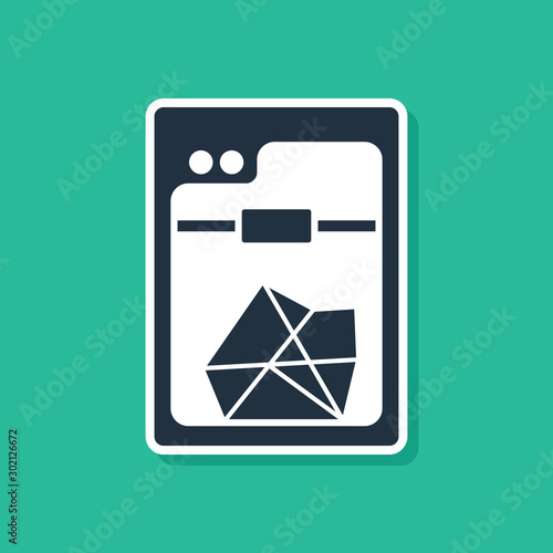 Blue 3D printer icon isolated on green background. Vector Illustration