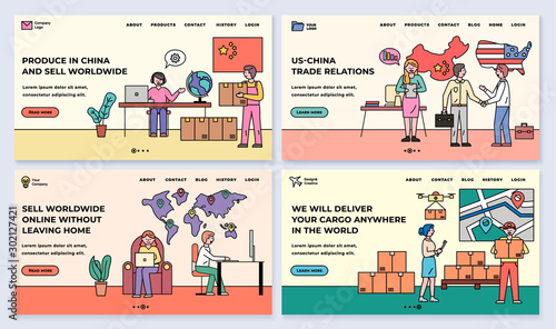 Produce in China and sell worldwide, line vector. Us and China relations, trade without leaving home, we deliver anywhere in world. Outline people with boxes and parcels. Website or webpage template