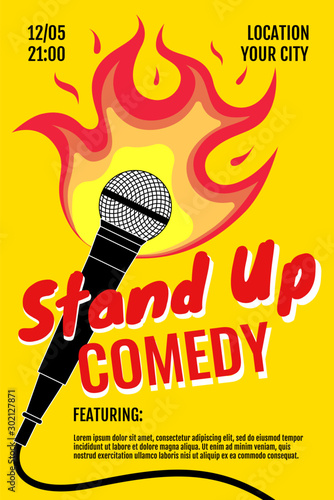 Stand up comedy night live show A3 A4 poster design template. Standup microphone with fire on yellow background. Hot jokes roast concept flyer. Vector open mic event illustration