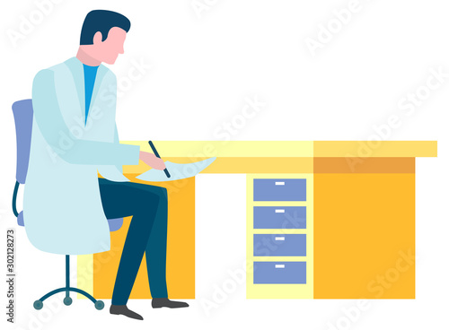Man wearing white coat, medical worker at job in office. Character, person writing prescription for patient. Healthcare and treatment. Vector illustration in flat cartoon style