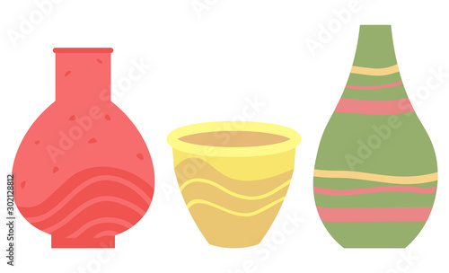 Set of striped vase isolated on white. Crockery decorative jar with waves ornament, color pot in flat style design, ceramic flowerpot. Handmade items from clay. Vase for flowers. Vector illustration