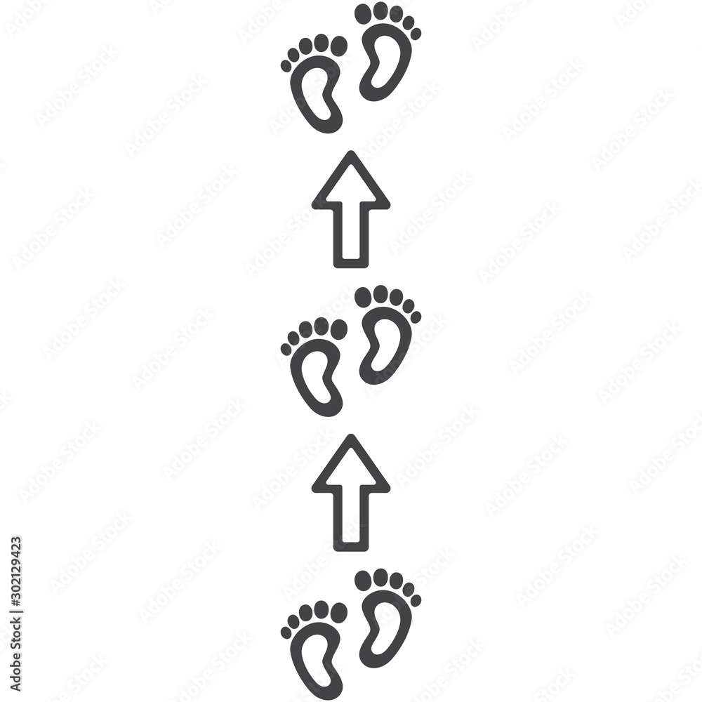 Footpath trail of human. Imprints of bare feet, arrows direction indicators. Abstract concept, icon set. Vector illustration on white background.