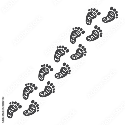 Footpath trail of human. Imprints of bare feet with the inscription SALE. Abstract concept, icon set. Vector illustration on white background.