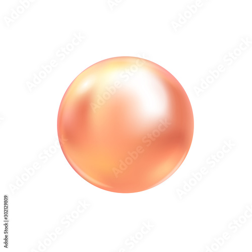 Vector illustration of single shiny natural pink sea oyster pearl with light effects isolated on white background. Beautiful 3D shining realistic pearl for luxury accessories.