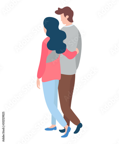 Happy couples walking, young man and woman back view spending time together. Isolated on white, merry lovers. Vector illustration in flat cartoon style